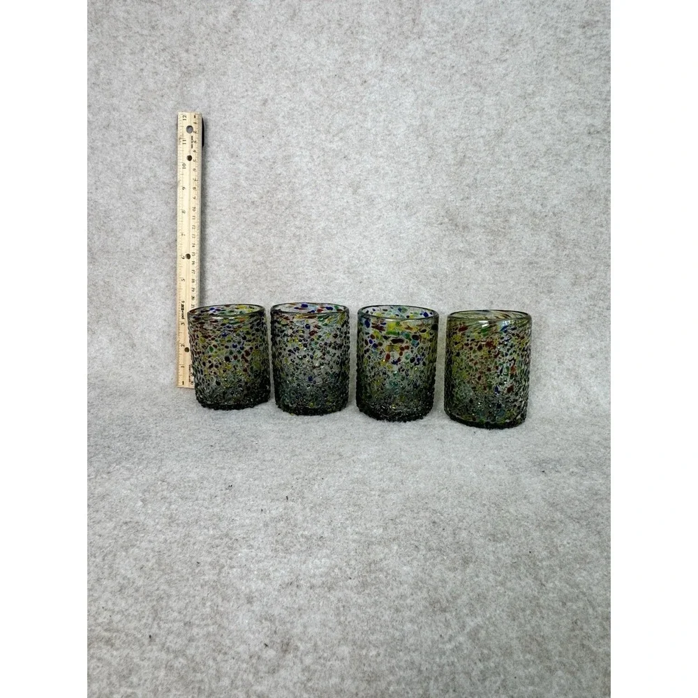 Set Of 4 Confetti Lowball Glass Tumblers Thick Textured Recycled Mexico